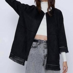 ZARA Faux Suede Fringed Trim Boho Jacket in Black (size XL)